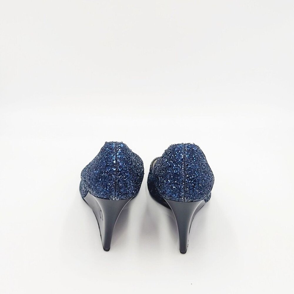 JIMMY CHOO Wedge Heels Blue Glitter BELLO Peep Toe Pumps Size 37.5 - Picture 7 of 9
